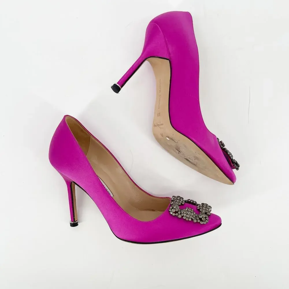 Manolo Blahnik Fuchsia Hangisi Satin Pointed Toe Crystal Detailed Pump IT 37.5 - Picture 3 of 12
